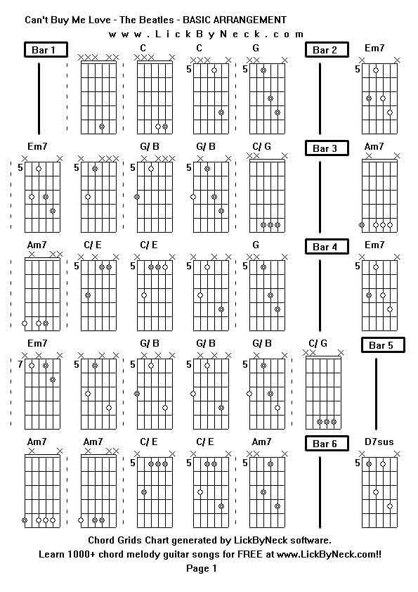 Chord Grids Chart of chord melody fingerstyle guitar song-Can't Buy Me Love - The Beatles - BASIC ARRANGEMENT,generated by LickByNeck software.